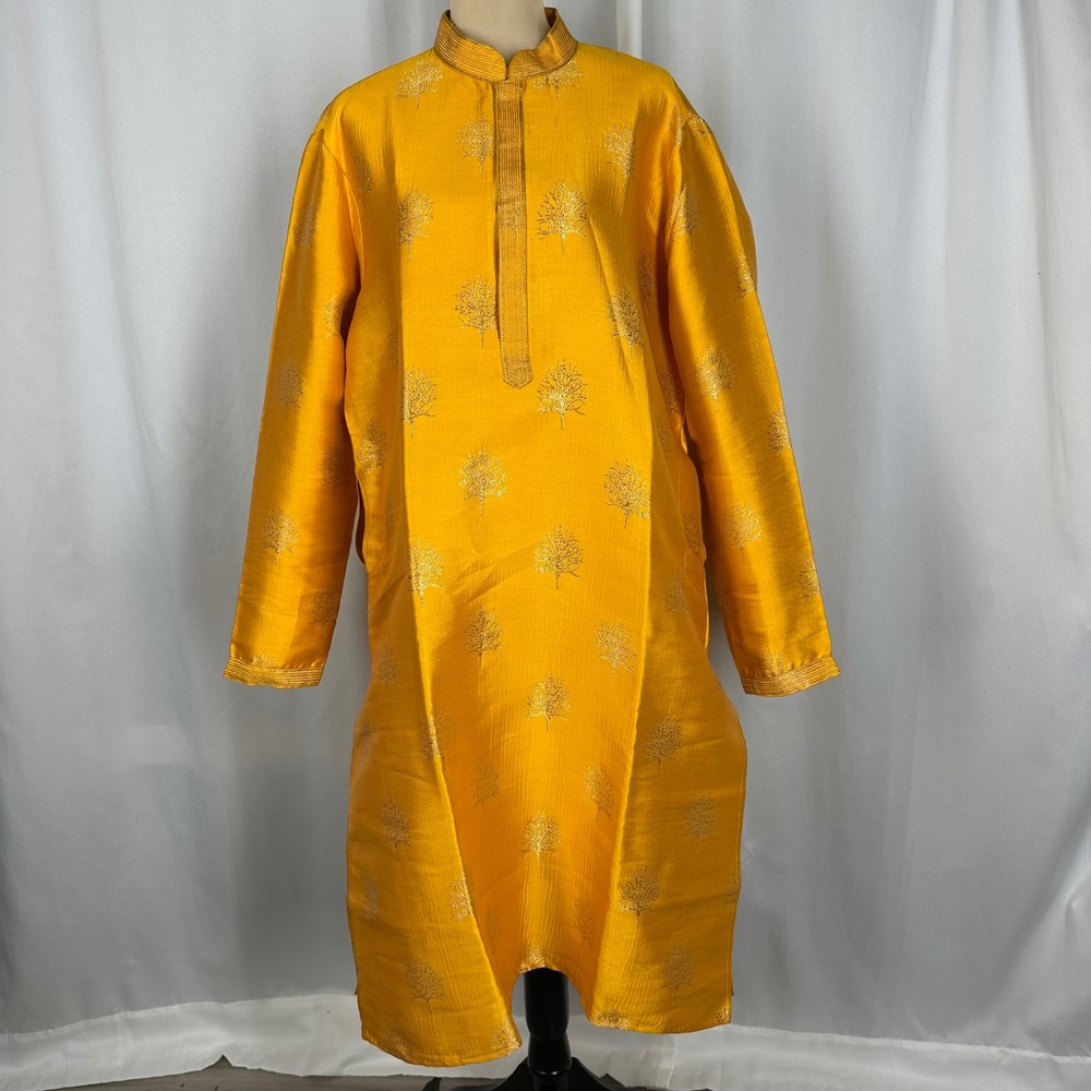 Mens Mustard Yellow Gold Tree Embroidered Kurta Tunic Mandarin Collar Size 44